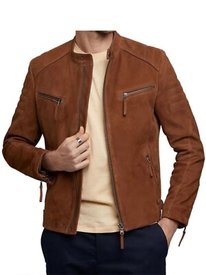 Men's 100% Pure Suede Quilted Biker Jacket Brown Leather Cafe Racer Moto Jacket