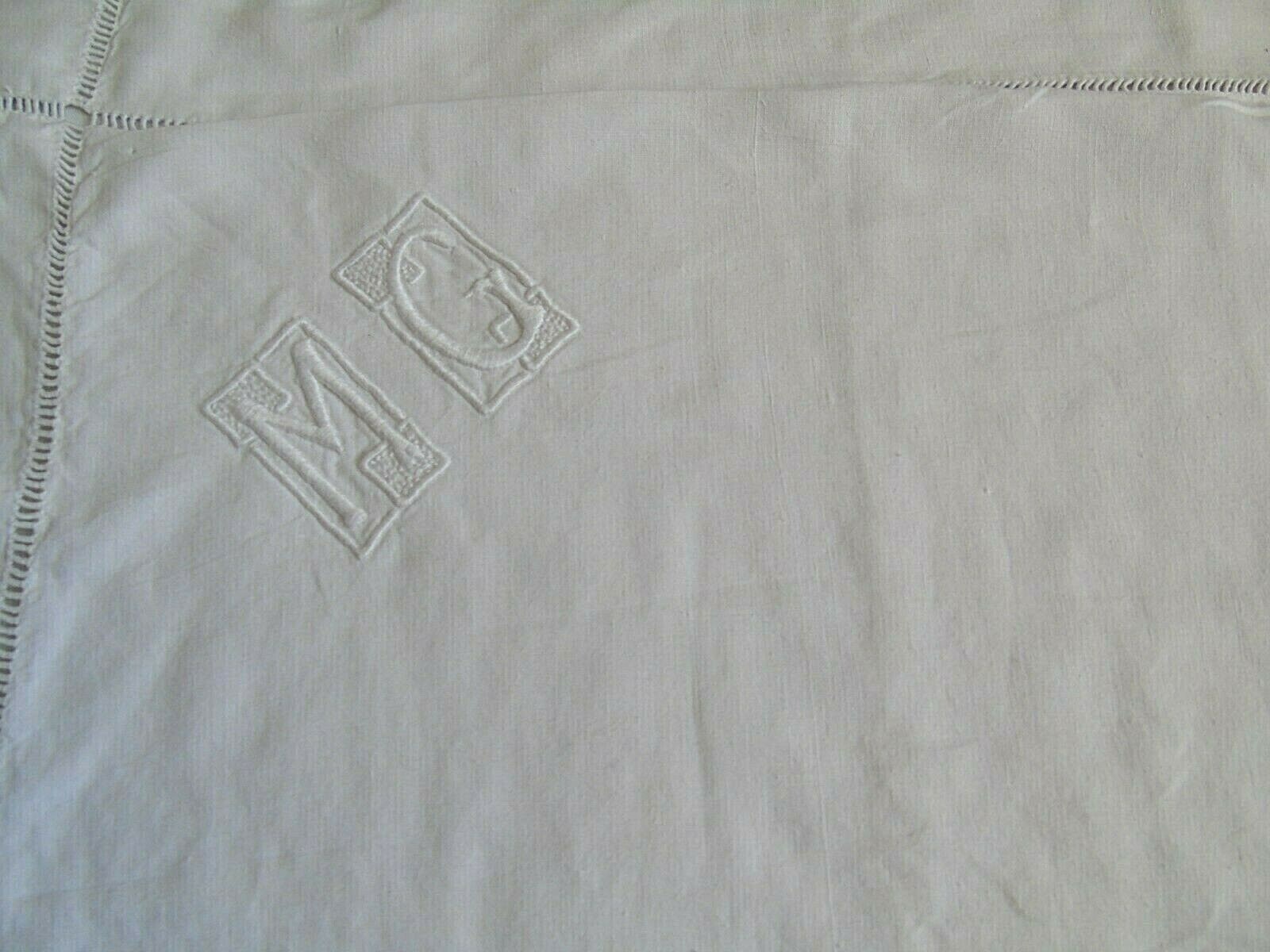 French vintage white cotton linen euro sham pillow case monogram "M G