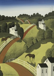 Giclee ACEO folk art print landscape Spring gardens crops country farm chickens