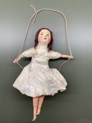 Girl On A Swing Antique Christmas Spun-Cotton Ornament Made in USSR 1940s - Picture 3 of 11