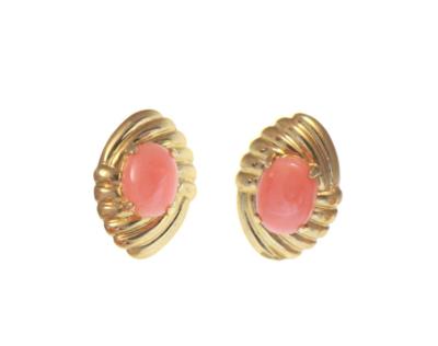 ECHTE NATÜRLICHE OVALE CABOCHON ROSA KORALLE OHRRINGE MASSIV 14K GELBGOLD