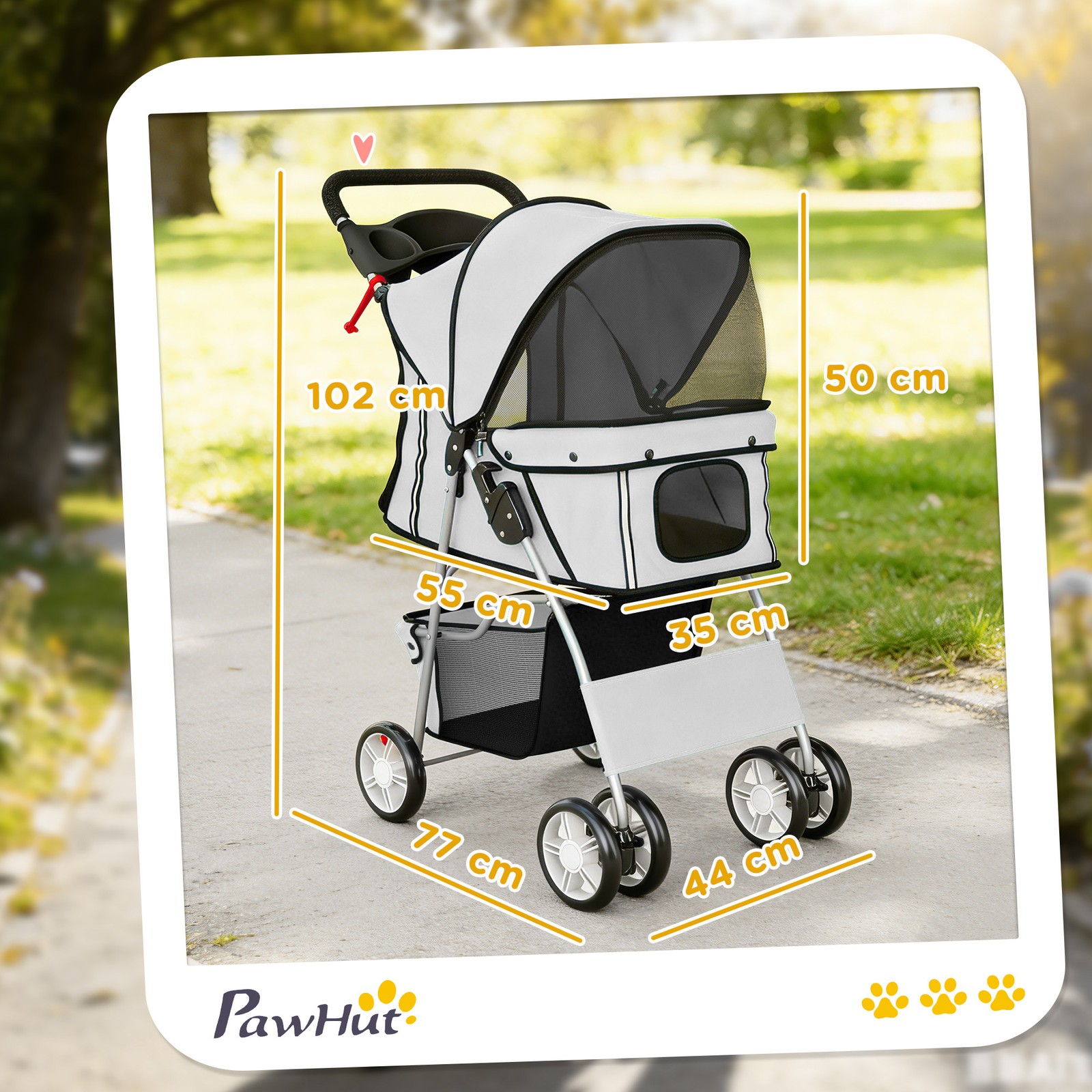 PawHut Passeggino Pieghevole per Cani con Copertura Antipioggia e Cuscino Grigio foto 4