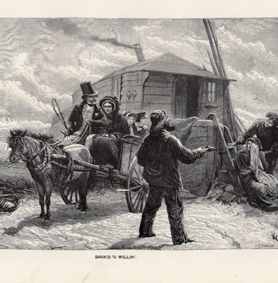 Family Traveling Horse and Carriage Dickens Character Scene 1892 Antique Print