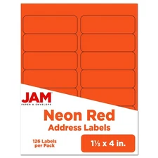 JAM PAPER Shipping Address Labels - Rectangular - 1 1/3 x 4 - Neon Deep Red/O...