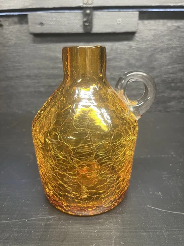 A Gorgeous Vintage MCM Blenko 5 1/2” Yellow Pitcher Crackle Glass Hand Blown