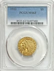 1912 GOLD USA INDIAN HEAD $5 DOLLAR HALF EAGLE COIN PCGS MINT STATE 63