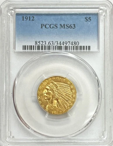 1912 GOLD USA INDIAN HEAD $5 DOLLAR HALF EAGLE COIN PCGS MINT STATE 63