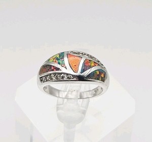 Sterling Silver Vintage Ethiopian Fire Opal Inlay & CZ Ring Size 7