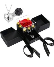 Preserved Red Rose Flower/ Box That Lights Up When Opened W/ Necklace  Necklace