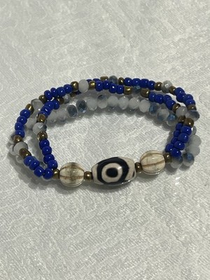 Blue/Gray Glass Beaded Stretch Stackable Bracelet w/ Evil Eye Theme
