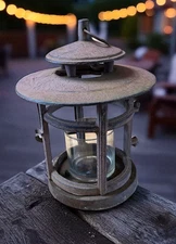 Vintage Rustic Asian Pagoda Nautical Cast Iron Tealight Candle Lantern Outdoor