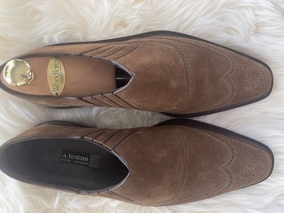 a.testoni Men's Brown Suede Wingtip Slip-On Dress Shoes Pointed Toe Perforated