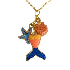 Mermaid Tail Ocean Theme Pendant Necklace Gold Tone 18in Chain Lobster Clasp