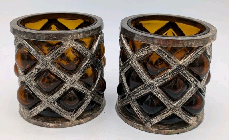 Vintage Silver Plate And Amber Bubble Glass Apothecary Jars Made In India