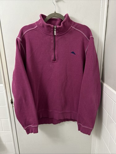 Pull pull décontracté côtelé coton rose magenta XL homme Tommy Bahama 1/4 zip - Photo 1/12