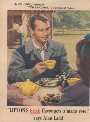 1946 Lipton Tea Vintage Print Ad Celebrity Alan Ladd Brisk Flavor Kitchen Decor