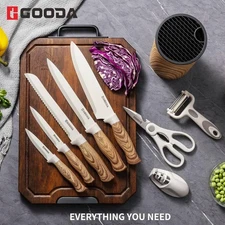 9-Piece Kitchen Knife Set with Block & Sharpener, Stainless Steel Chef Set