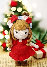 Christmas Winter Doll In Crochet Dress With Flowers Hair and Reindeer Antlers
