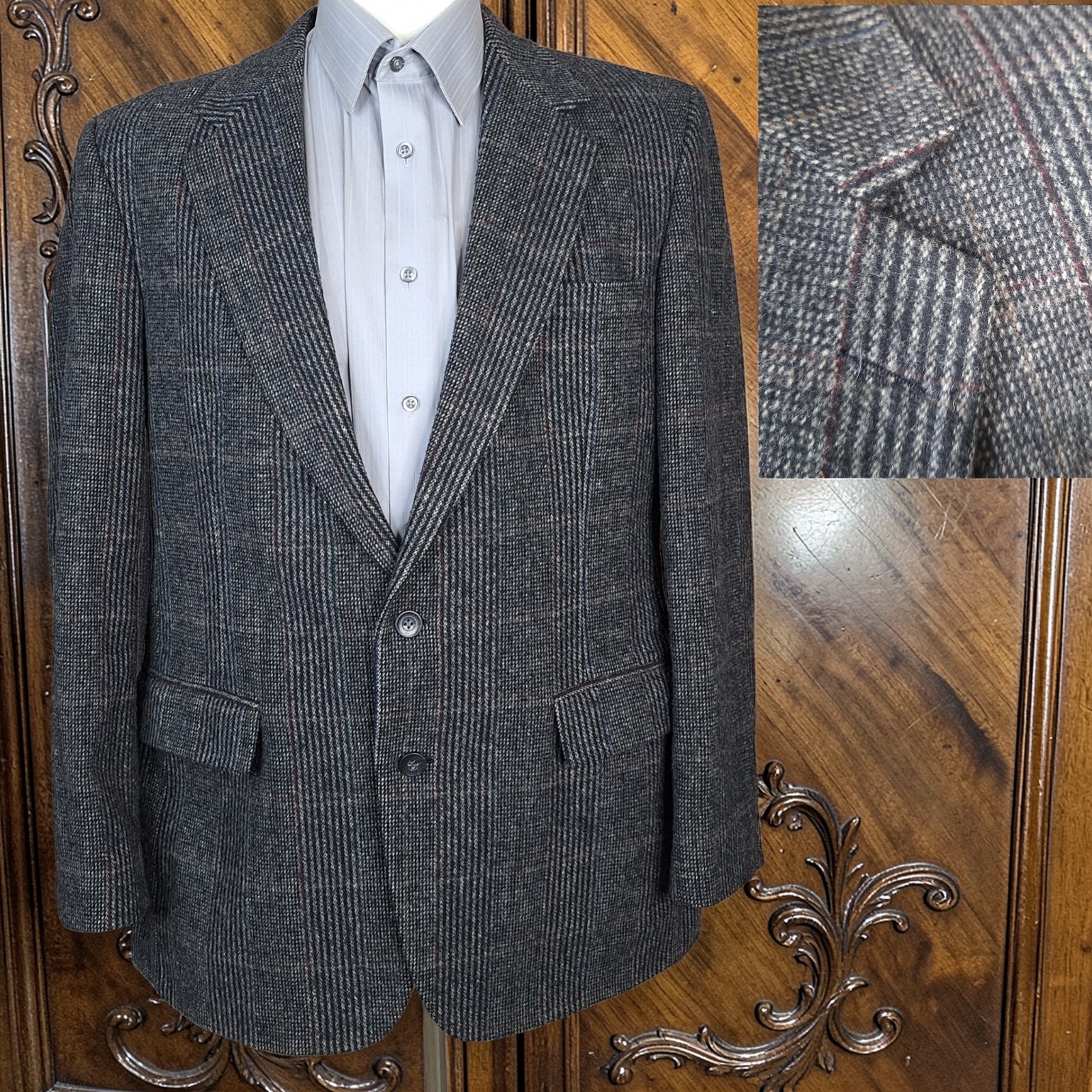 Haggar Wool Tweed Jacket Blazer Mens 42R Gray Multicolor Plaid Vintage