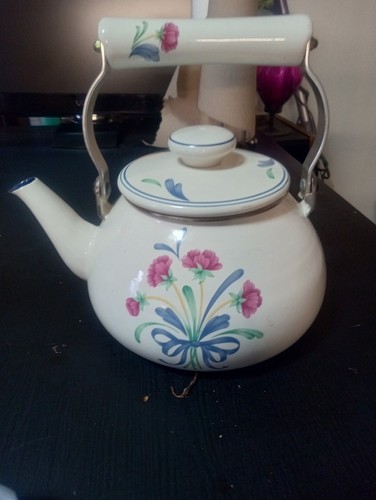 VINTAGE LENOX POPPIES ON BLUE METAL ENAMEL TEA POT KETTLE 8 CUP USA RARE - Picture 6 of 6