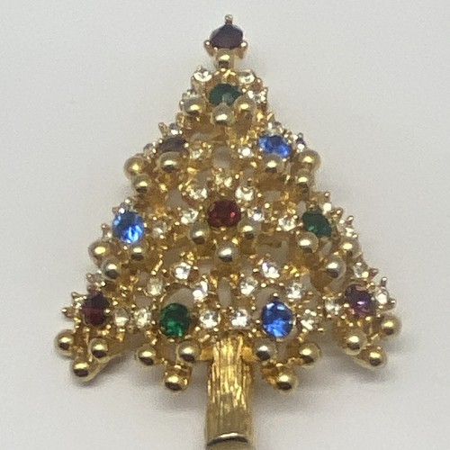 VTG Eisenberg Signed Gold Tone Multicolor Rhinestone Christmas Tree Brooch Pin