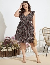 Multicolour Ladies Floral Print Ruffle Trim Tie Back Flared Dress Size 0XL 16