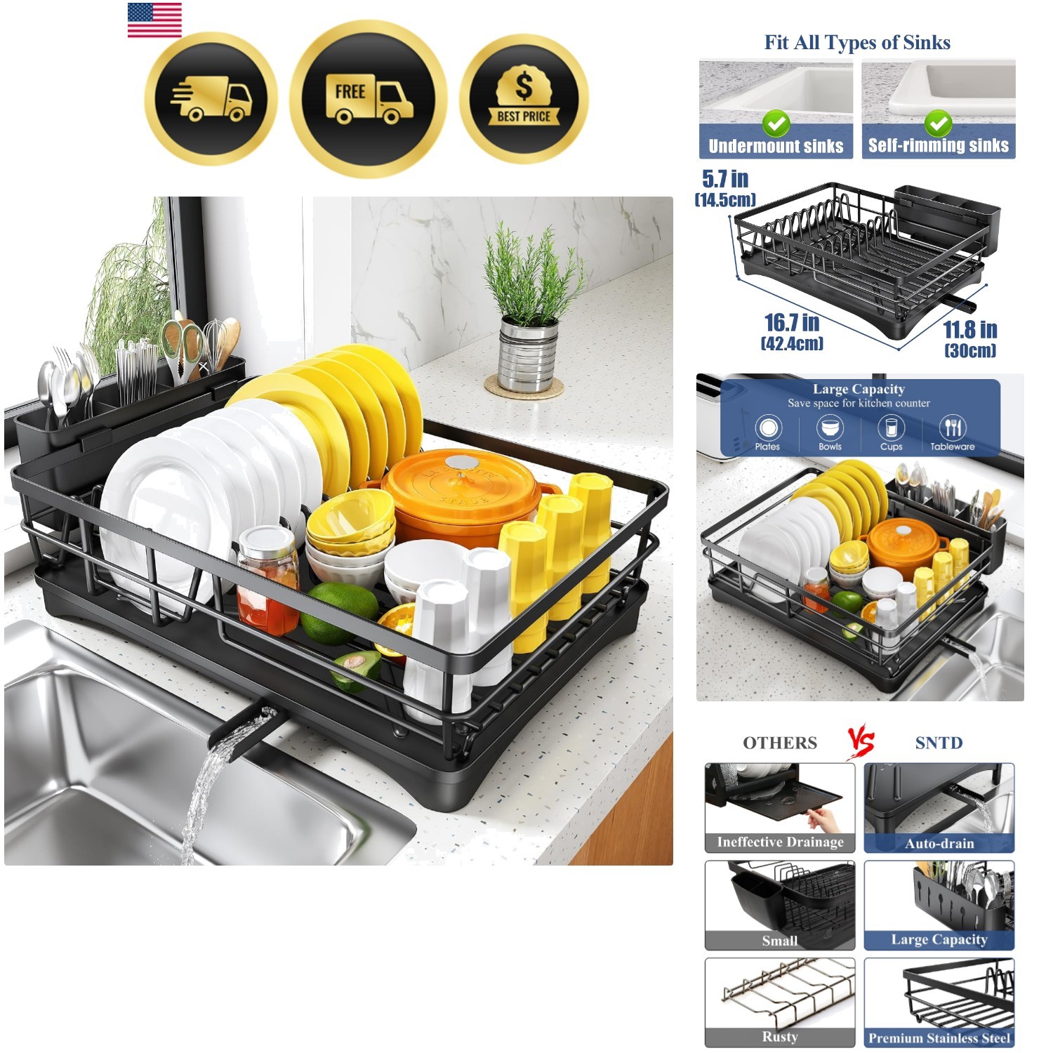 Dish Drying Rack for Kitchen Counter, 11.8" W x 16.7" L, Black | Rustproof St...