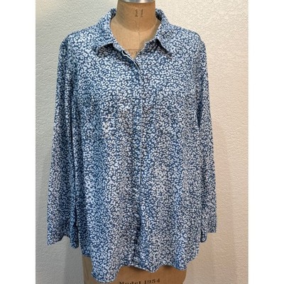 Talbots Woman Blue White Cheetah Print Lyocell Button Down Shirt OS READ