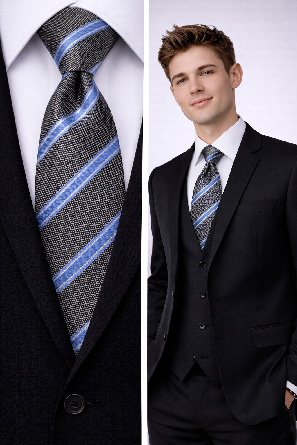 Grey Men's Tie Silver Grey & Blue White Stripe Work Formal Classic Office