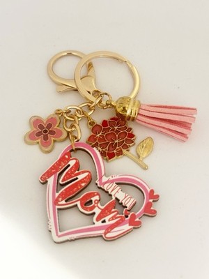 Gift For Mom:  Mom Heart Key ring Bag Charm Enamel Flower Tassel Pink