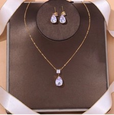 2pcs Women Fashion Simple Rhinestone Pendant Earrings Necklace Set Jewelry