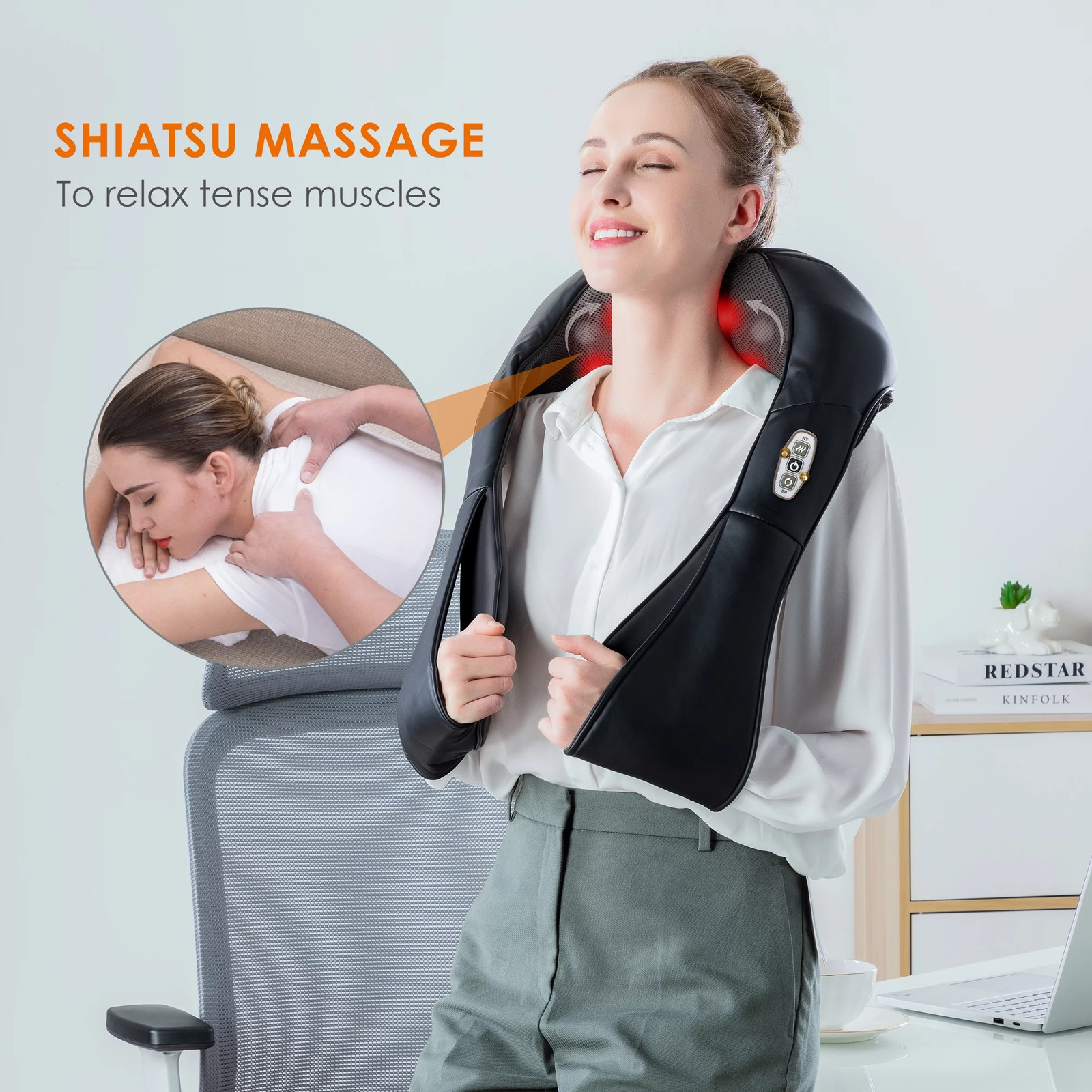 Shiatsu Shoulder Neck Massager with Heat, 4D Deep Kneading Back Massager Gifts f
