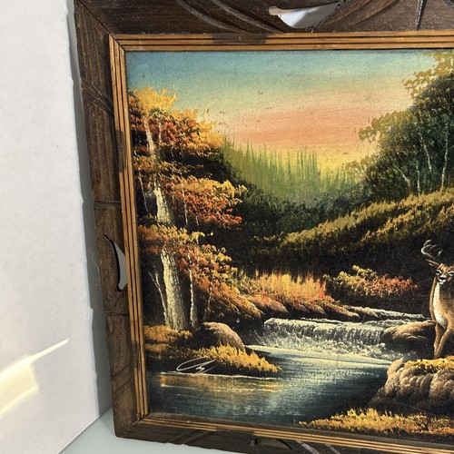 Vintage Velvet Painting Rustic Frame Nature Forest Scene Buck Deer and waterfall - Afbeelding 4 van 18