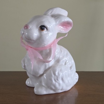 Vintage Ceramic White Easter Bunny Rabbit Figurine Pink Ribbon Taiwan / Read