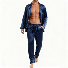 Mens Silk Satin Pajamas Set Nightwear Pyjamas Long Sleeve PJs Set With Pockets