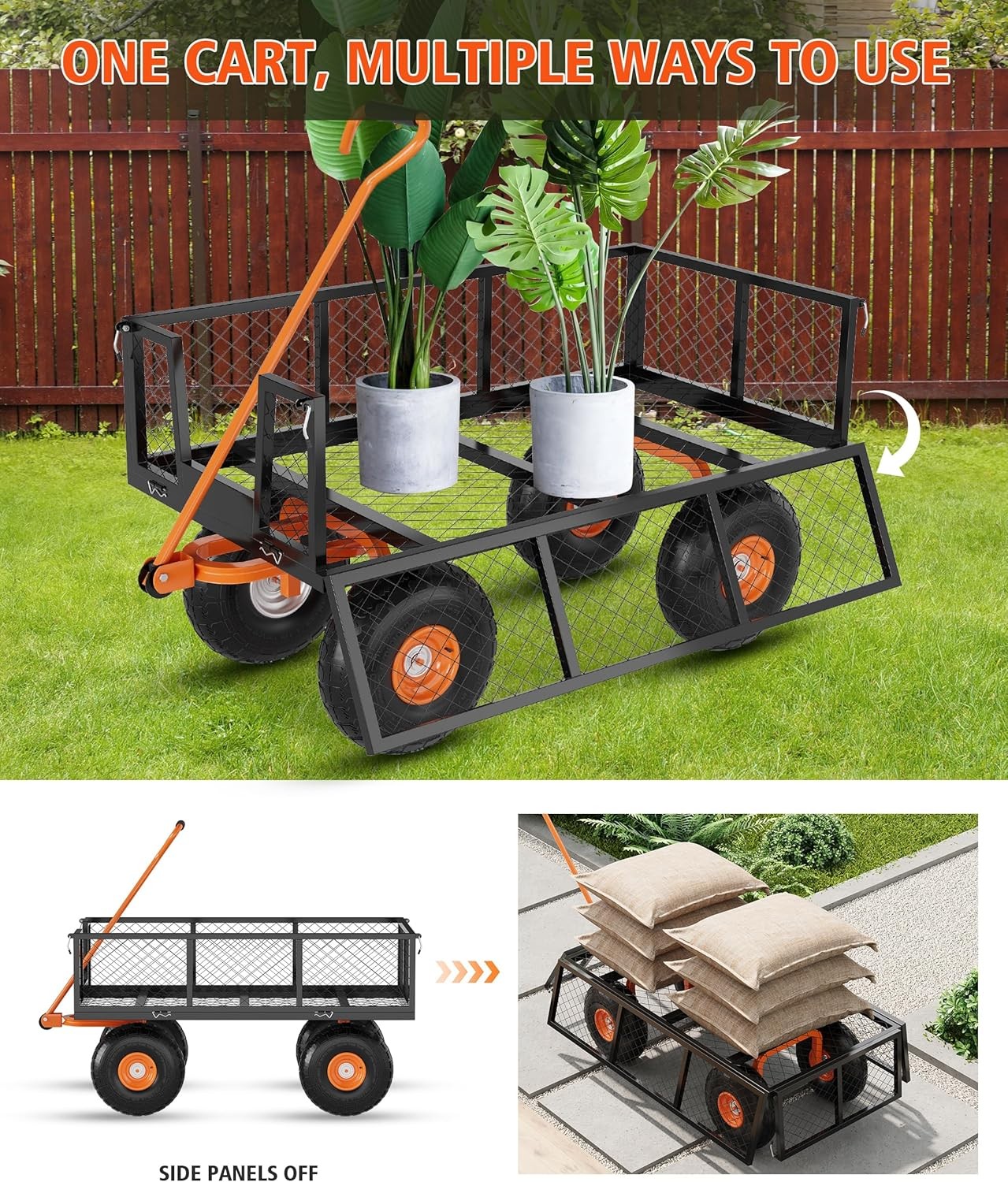 500Lbs Steel Garden Cart Utility Wagon with Removable Mesh Sides Rotating Handle