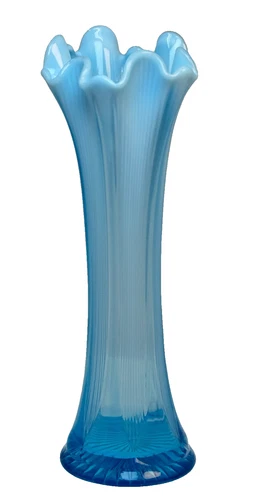 MCM Vintage Fenton Blue Glass Ribbed Opalescent Swung Vase 11.5” Tall + GIFT BAG