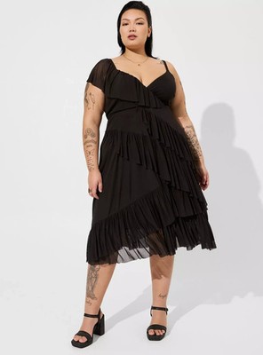 Torrid 3 (3X) Black Midi Mesh Ruffle Surplice Dress Cocktail Party