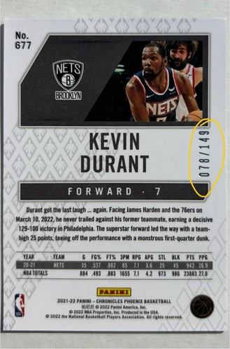 Kevin Durant 2021 Panini Chronicles Red #677 Serial Numbered 78/149 - Picture 2 of 2