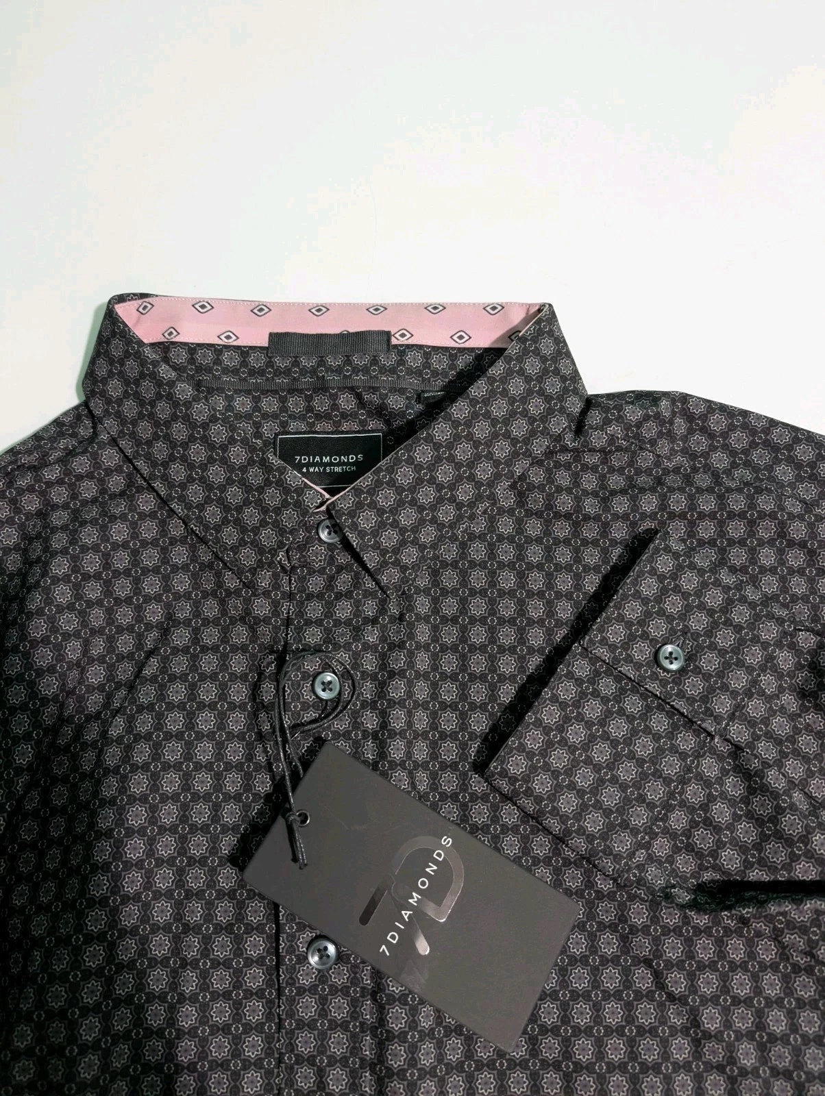 7 Diamonds Liberty Men XL Black Geometric Long Sleeve Button Shirt 4 Way Stretch