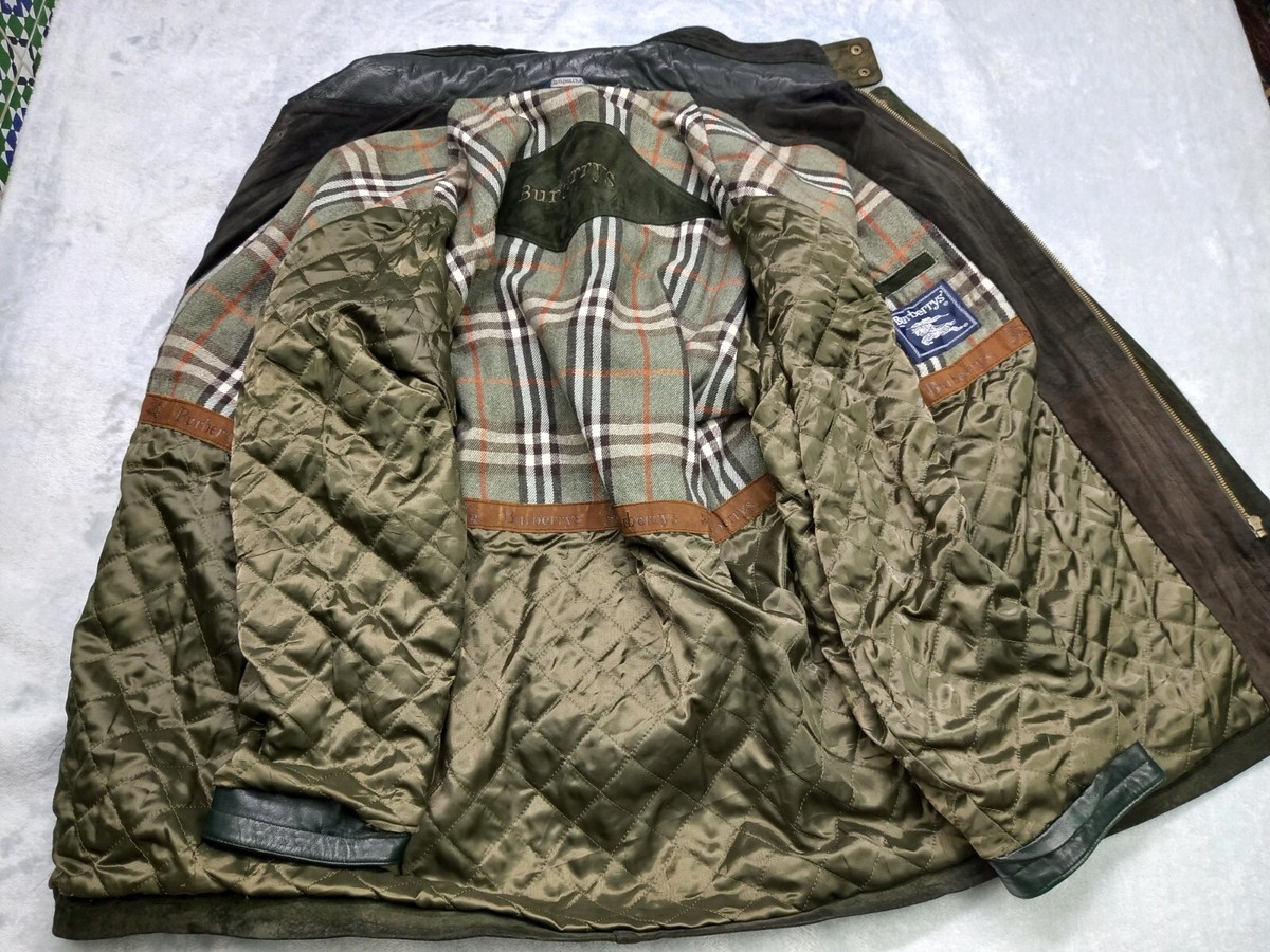 Vtg 80s BURBERRYS Green Suede Leather Wool Lined Nova Check Jacket