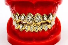 SOLID SILVER W/ 18K YELLOW GOLD TWO TONE PLATED PRINCESS DUST CUT GRILL GRILLZ 