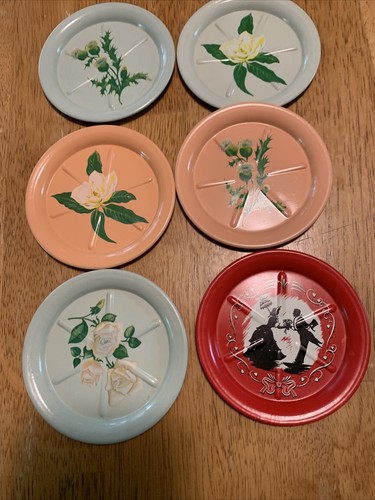 6 Vtg Metal Tin Floral Decal Coasters 3.5”’ 1950’s - Picture 3 of 3