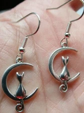 CAT in MOON Charm EARRINGS Cute Hippie Girl Kitty Jewelry, Boho Style USA seller