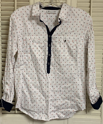 NY&C 7th Avenue Roll Tab Sleeve Button Front Shirt Anchor Boat Print Size Small