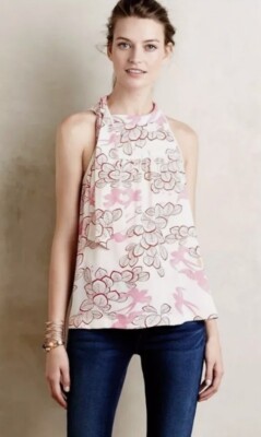 Maeve Elata Swallow Print Tie Neck Tank Size 4 Petite Ivory Pink Anthropologie