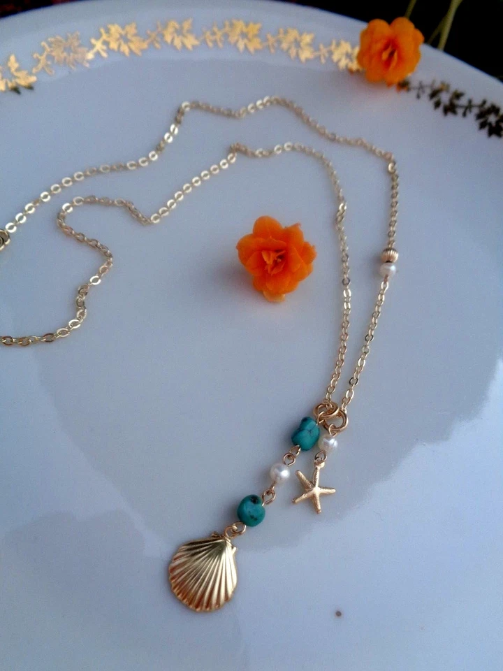 Gold Kette Muschel Anhänger 14K Gold Filled Perle Türkis - Bild 2 von 4