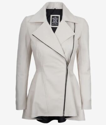 Women's Slim Fit Moto Biker Genuine Sheepskin Off-White Leather Peplum Jacket