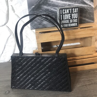 SASHA Black Beaded Silky Satin KissLock Evening Handbag PreOwned