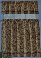 Window Curtain Set~Country Kitchen~Colonial Flower~Tan~Green~Tiers~Valance~NEW